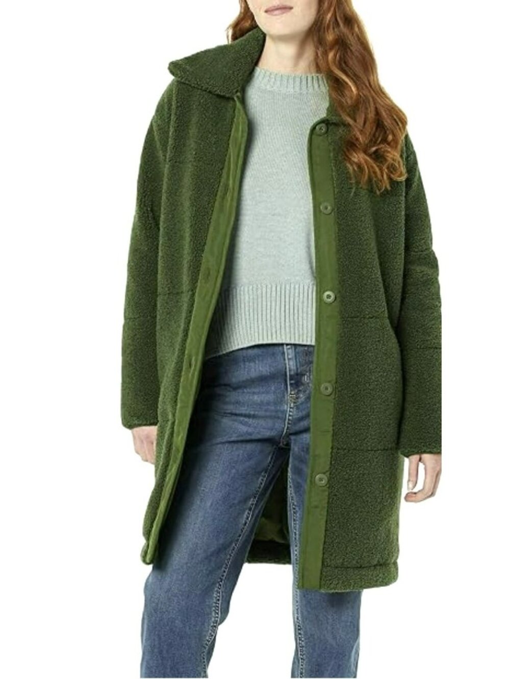 Olive Green Sherpa Button-Up Coat Medium Womens New